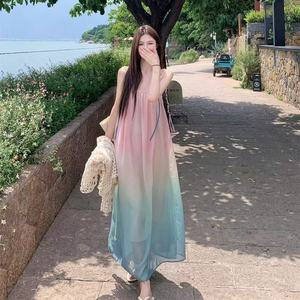 Korean Style Gradient Beach Sundress Square Neck Natural Waist Breathable Swim Cover Up Summer Vacation Dress - Product Image 1