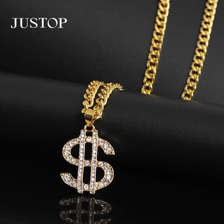 Punk Luxury 18k Gold Plated Chain Dollar Sign Pendant Necklace Shiny Zirconia American Money Sign Necklace For Male