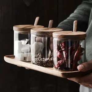 Contenitore di spezie condimento vaso di vetro con coperchio in legno cucchiaio e supporto in legno per la casa e la cucina