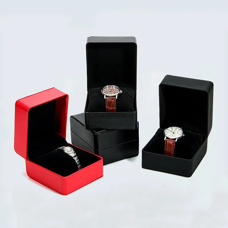 Scatola di imballaggio per orologi con cuscino di alta qualità moda quadrata rigida in pelle PU semplice Logo personalizzato regalo nero rosso Logo personalizzato