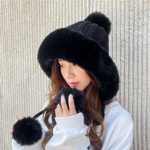 Nouveau 2023 personnalisé tricoté rayures bonnet chaud polaire doublure femmes casquette câble fausse fourrure <span class=keywords><strong>pompon</strong></span> chapeau d'hiver - Product Image 3