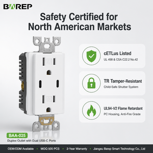 เต้ารับติดผนัง BAREP 15A 120V พร้อมพอร์ตชาร์จ USB-C คู่ 4.8A ได้รับการรับรองมาตรฐาน CETLus ป้องกันการงัดแงะ เหมาะสำหรับใช้ใน<span class=keywords><strong>บ้าน</strong></span>และโรงแรมในสหรัฐอเมริกา รองรับ OEM - Product Image 3