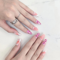 Set Kuku Palsu Akrilik Almond Sheer dengan Gradasi Pink Putih, Glitter Merah Muda, Desain 3D Pita, 10 Pcs, Supplier SPA