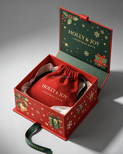 Coffret cadeau de Noël haut de gamme personnalisé, fermeture magnétique rigide, doublure <span class=keywords><strong>en</strong></span> éponge, gaufrage, sac <span class=keywords><strong>en</strong></span> velours rouge avec cordon de serrage pour cadeaux de Noël - Product Image 1