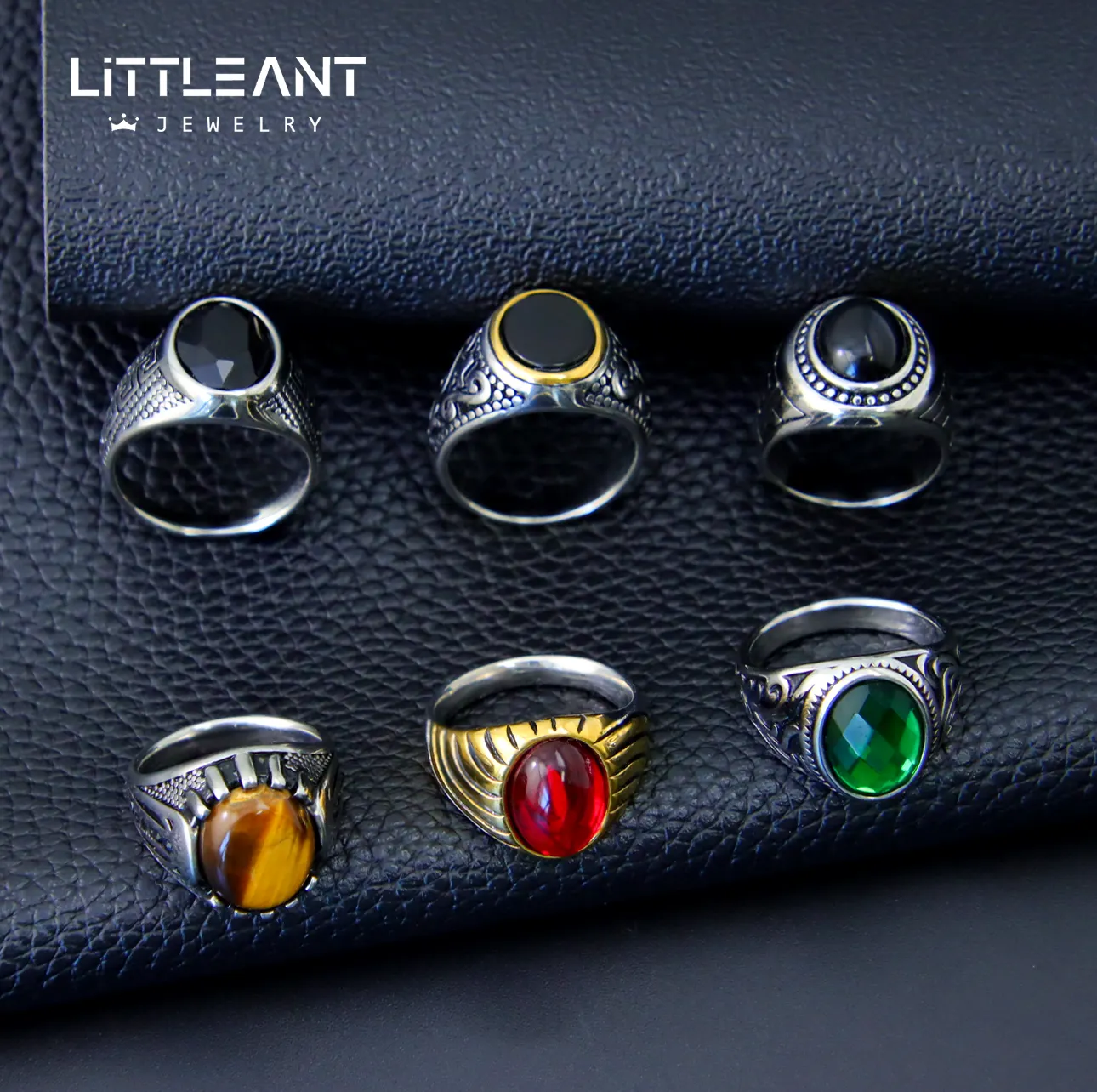 Little Ant New Personality Punk Ring Tiger Eye Stone Green Zircon Rings Wholesale