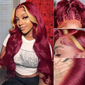 Parrucca 99J 613 Ombre Bionda con Rosso Borgogna, 100% Capelli Umani Brasiliani, Pre-Sfoltita, 13x4 HD Trasparente, Onda Corporea, Parrucca Frontale in Pizzo - Product Image 3