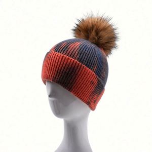 Custom Embroidery Knitted Winter Acrylic <b>Tie</b> Dye Women Knitted Hats Beanie Hat With Pom Pom - Product Image 6