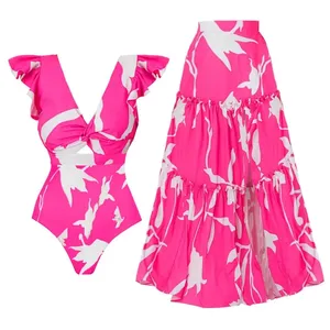 New Print Swimsuit With Cover Up Women Floral Swimwear Sexy Swim Suit High Waist <strong>Bikinis</strong> <strong>Puff</strong> <strong>Sleeve</strong> Bodysuit Bathsuit Beachwear - Product Image 2