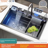Évier de cuisine multifonctionnel Whale Falls, design de luxe léger, en acier inoxydable 304 noir nano-revêtu, à cuve unique, motif nid d'abeille gaufré 5MM
