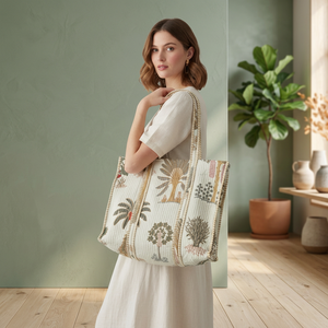 Bohemian Printed Cotton Canvas Tote <b>Bag</b> <b>Large</b> Capacity Rectangle Shape Travel Use Foldable Stitched Design - Product Image 3