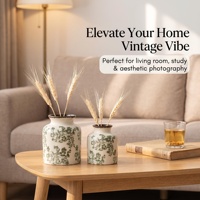 Set Vas Keramik Vintage Crackle Glaze (2 buah), Pola Bunga Botani Lukisan Tangan, Dekorasi Rumah Gaya Retro Farmhouse