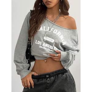 Sudadera Personalizada para Mujer, con Hombros Descubiertos, Oversize, Manga Larga, Estampado Gráfico, Estilo Urbano Asimétrico, Tejido Transpirable - Product Image 2
