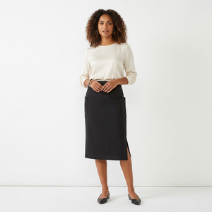 Jupe crayon noire pour femme, longueur genou, avec poches, taille naturelle, style bureau, couleur unie, tissu tissé - Product Image 1