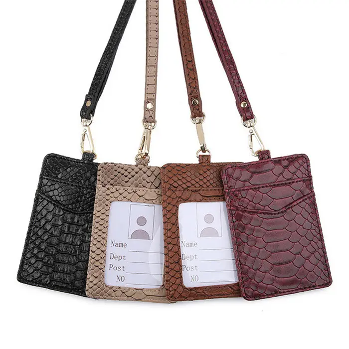 Python Texture Pattern Pu Leather ID Card Holder Credit Card Wallet Bus Badge Pass Lanyard Card Holder