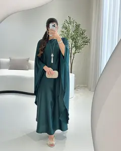 Gaun Kaftan lengan sayap kelelawar wanita, gaun pesta Satin Abaya Dubai longgar warna polos ukuran Plus Musim Semi