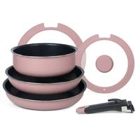 Ensemble de 6 casseroles et poêles antiadhésives élégantes de couleur Morandi pour cuisson à induction, noyau en aluminium durable avec couvercles en verre trempé
