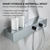 Système de douche thermostatique de luxe moderne en acier inoxydable poli et laiton, barre coulissante murale, jet de pluie et massage, pour appartement et hôtel