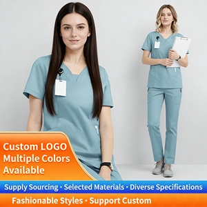 Tenue d'uniforme personnalisée avec logo, extensible 4 directions, ensemble 2 pièces col en V pour femmes et hommes avec poches, tenue d'infirmière unisexe pour hôpital, Sehe Fashion - Product Image 1