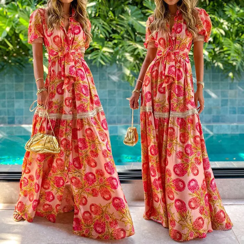 2023 Women's casual summer floral dress sleeves boho print loose elegant colorful maxi summer women beach dress