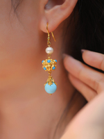 Boucles d'oreilles pendantes personnalisées OEM/ODM pour femmes en argent sterling 925 plaqué or, avec turquoise, filigrane, perle et pierre bleue, pour mariage et soirée