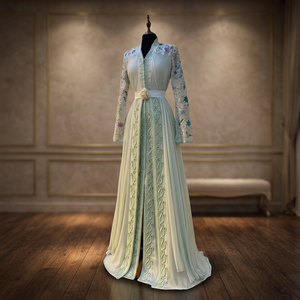 Elegant Moroccan Satin Beaded Crocheted Floral Print Anti-Wrinkle Breathable Party Natural Floor-Length Caftan Dress <b>White</b> - Product Image 2