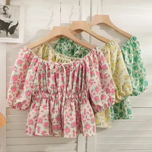 Blus pinggang pendek desain modis sifon lengan gelembung wanita baru Eropa dan Amerika Serikat blus pendek