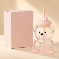 Gobelet en verre Kawaii en forme d'ours avec couvercle rose et paille rayée, tasse à boire en forme d'ours, vaisselle pour lait, jus, café, en verre PPWR