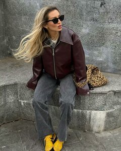 Chaqueta Vintage para <span class=keywords><strong>Mujer</strong></span>, Manga <span class=keywords><strong>Larga</strong></span>, con Cierre, Chaqueta Corta de Cuero Sintético para Otoño e Invierno, Chaqueta Casual con Solapa - Product Image 3