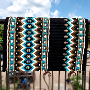 Tapis de selle Western Equipro classique noir turquoise marron en laine tissée à la main, couverture géométrique pour cheval rembourrée en laine - Product Image 1