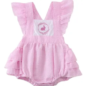 Custom Summer Pink Plaid Flying Sleeves Cute Easter 100% Cotton Natural Organic Baby Rompers Kids Clothing Baby Clothes