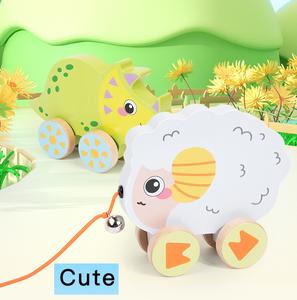 CPC CE Montessori ahşap çocuk erken eğitim el çekme halat itme yürüteç sürükle araba oyuncak karikatür hayvan römork - Product Image 2