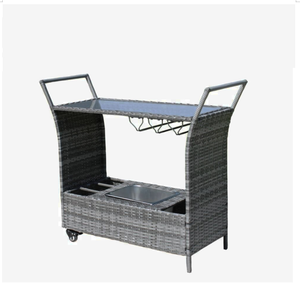 Chariot de bar portable en osier d'extérieur, chariot roulant en rotin pour patio et jardin avec seau à glace et porte-bouteilles - Product Image 6