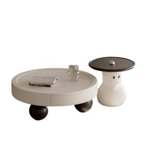 Mesa de Centro Redonda Color Crema con Cajón de Almacenamiento, Diseño Minimalista Italiano, Superficie de Madera con Acabado Pintado, Mueble para Sala de Estar - Product Image 3