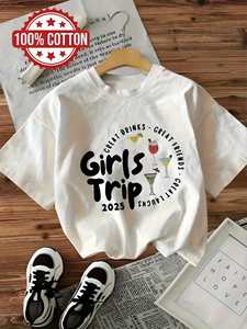 T-Shirt Stampata 'Girls Trip 2025' per Donna, Manica Corta, Collo Tondo, Casual, Traspirante, in Cotone, Outfit per Vacanze Primavera-Estate - Product Image 3