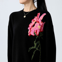 Suéter de Punto Intarsia Floral Artístico de Lana 100% Pura para Mujer, Cuello Redondo, Estilo Minimalista, Color Negro