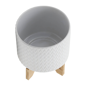Pot en céramique avec support en bois, design géométrique blanc, pot décoratif intérieur/extérieur pour la maison, le jardin, l'entrée, la terrasse - Product Image 4