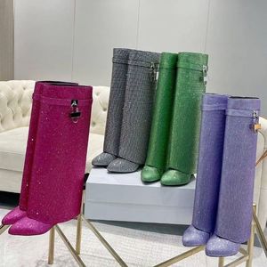 Botas de tacón de cuña con pedrería para mujer, de caña alta, con decoración de cierre y efecto de aumento de altura - Product Image 6