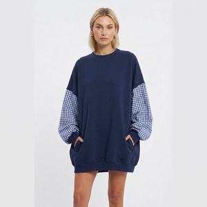 Sweat-shirt surdimensionné bleu marine pour femme, épaules tombantes, manches longues, patchwork à carreaux, col montant, en coton tricoté, pour l'automne - Product Image 1