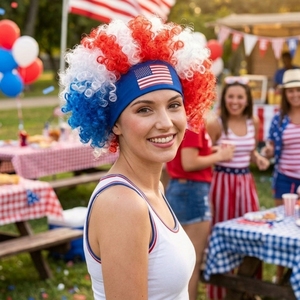 Perruque bouclée patriotique rouge, blanc et bleu, style afro, pour fête, fête de l'indépendance, costume de festival, pour adultes - Product Image 1
