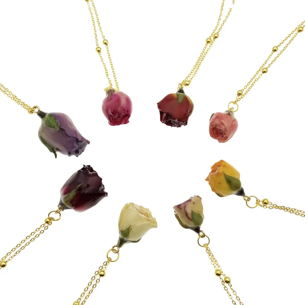 Valentines Day Jewelry Minimalist June Birth flower in resin rosebud real rose necklace charms for jewelry making