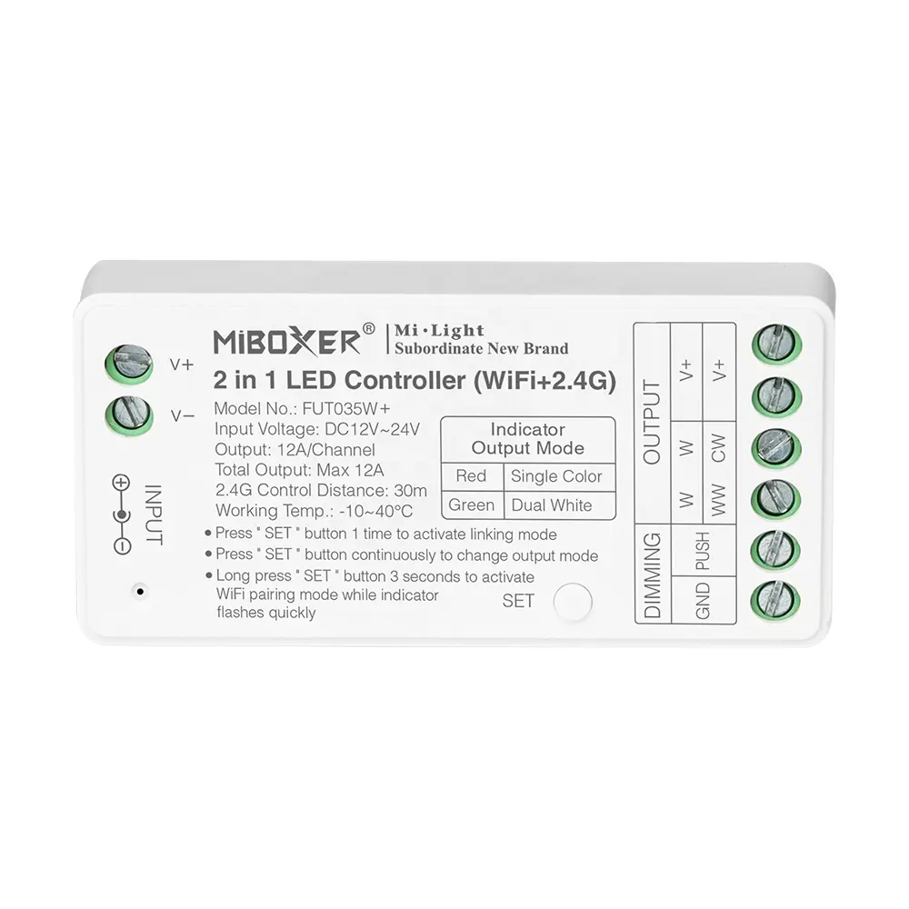 Miboxer-جهاز تحكم, جهاز تحكم موديل FUT035W + 2 في 1 واي فاي 2.4G 1 قناة لون واحد و 2 قناة جهاز تحكم LED أبيض مزدوج