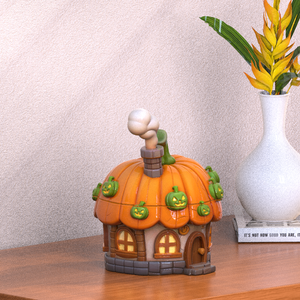 特注かわいいハロウィーンデザインセラミック容器磁器農村ラウンドエンボスパンプキンコテージ妖精の家型クッキージャー - Product Image 6