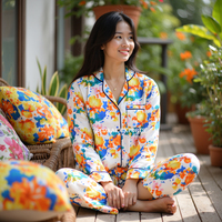 Ensemble de pyjama imprimé floral pour femme, manches longues, longueur intégrale, vêtements de nuit doux en tissu, décontracté d'été, avec boutons et col rabattable