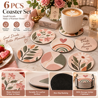 Ensemble de 6 dessous-de-verre en cuir bohème, motif floral rose en forme de cœur, absorbants, résistants à la chaleur, antidérapants, pour la maison, la cuisine, le bureau
