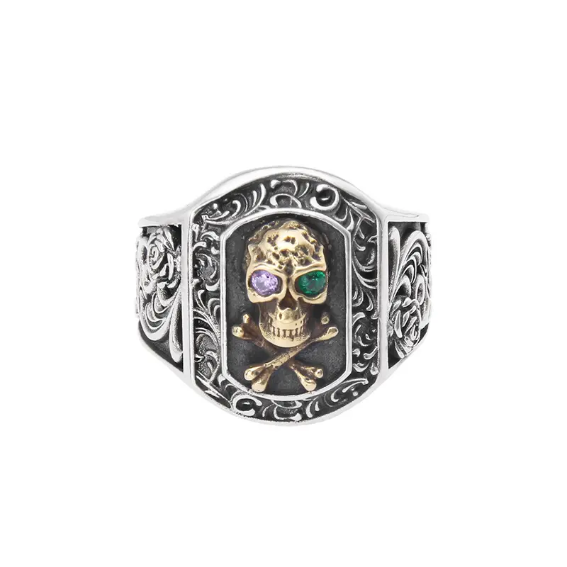 100% Real S925 Sterling Silver Retro Old-fashioned Domineering Tang Grass Pattern Box Skull Zircon Inlay Ring Male