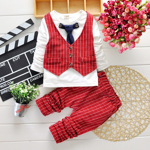봄 가을 아기 소년 옷 정장 세트 신사 넥타이 격자 무늬 조끼 탑 바지 2PCS 파티웨어 소년 의류 - Product Image 4