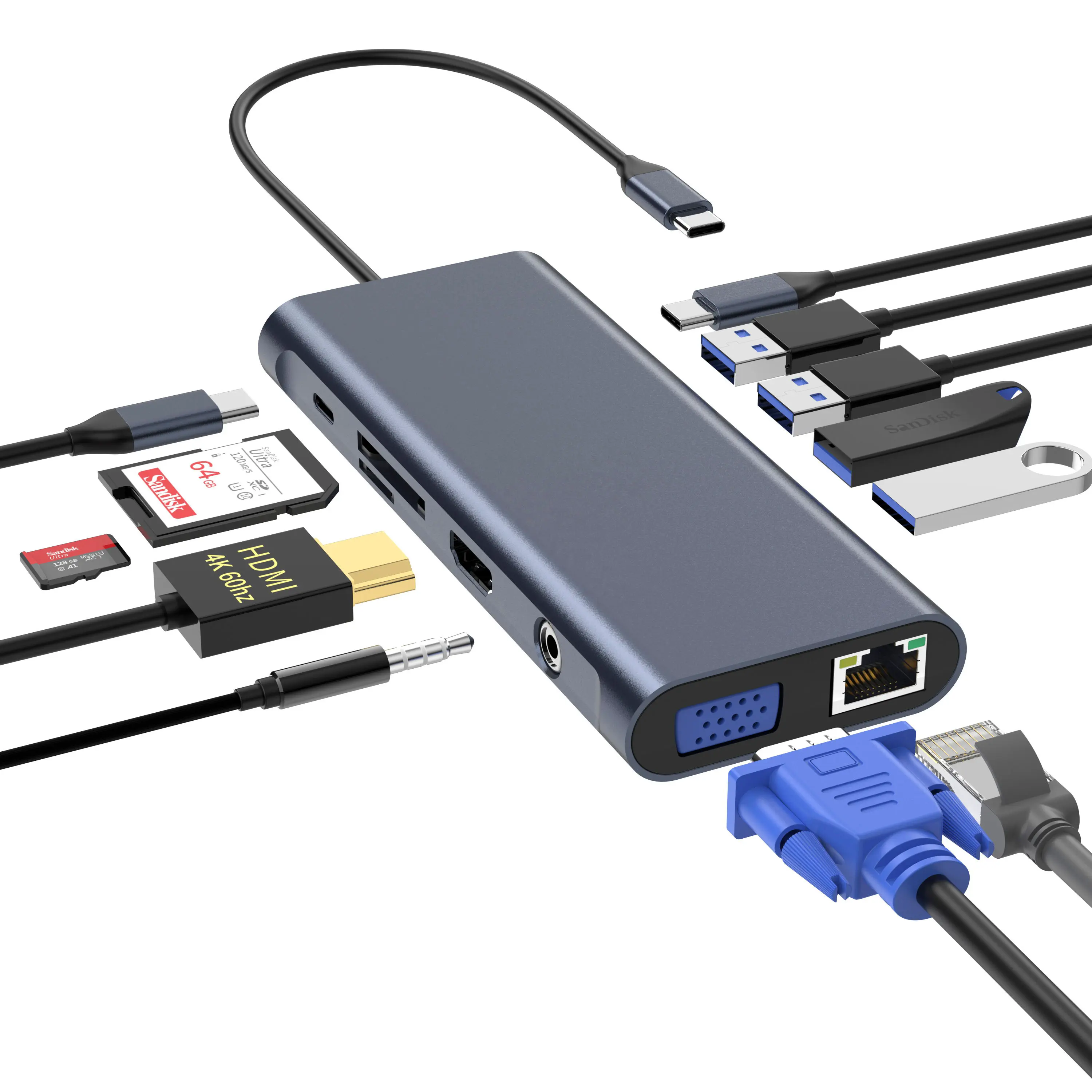 OEM ODM HDTV 4K60HZ + VGA + PD + USB 3,0 2,0 + RJ45(1000Mbps)+ audio de 3,5mm + SD + TF estación de acoplamiento 12 en 1 USB C Hub laptop Splitter