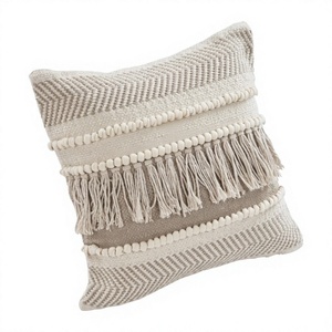 Bohemian Woven Wool Throw Pillow Cover Tassel Bead <b>Trim</b> Geometric Pattern Square Shape 100% Cotton Filling Removable Decor - Product Image 1