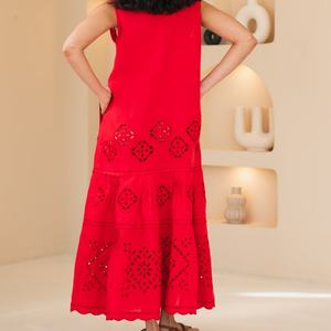 Vestido de Lino y Algodón a la Moda, Cuello Redondo, Casual, Sin Mangas, Bordado, Midi, Vestido de Verano para Mujer - Product Image 5