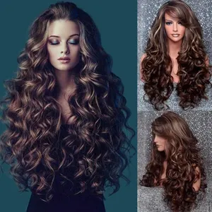 Furina wig rambut sintetis wanita, Whosale murah highlight non renda tahan panas panjang bergelombang